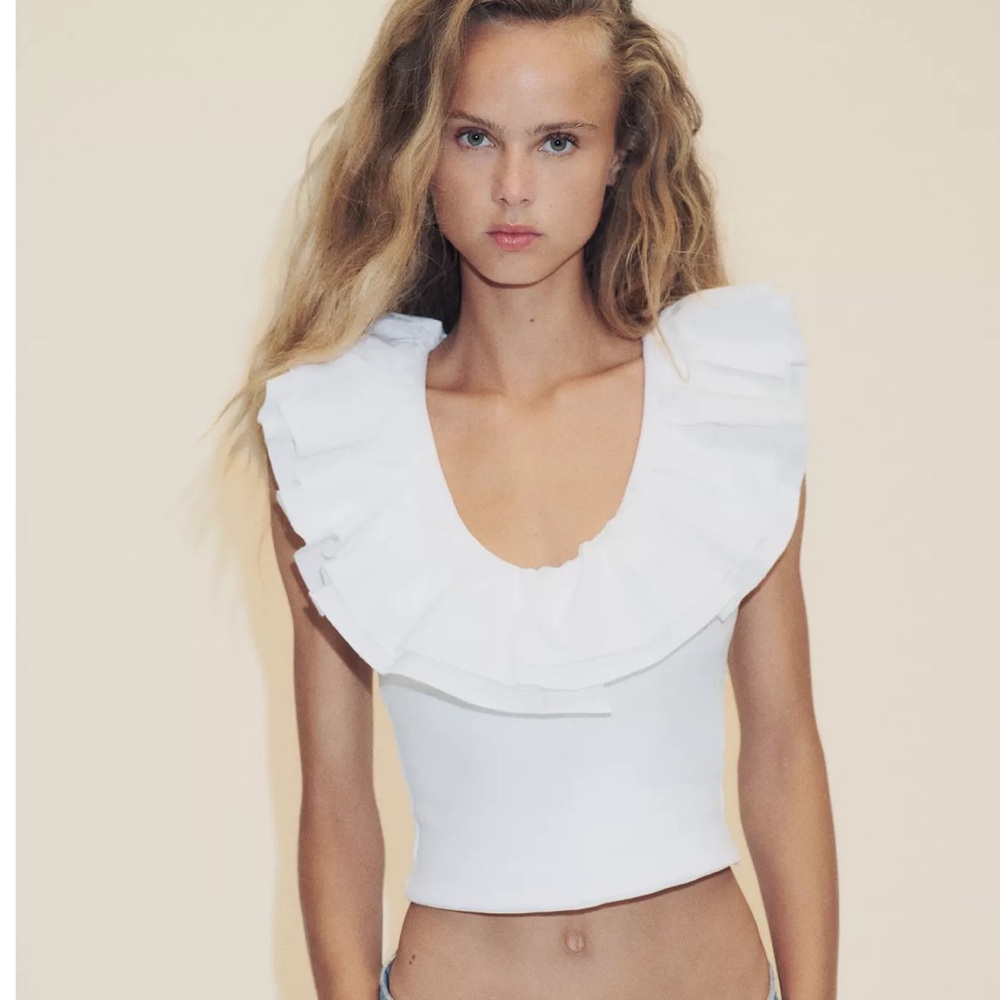 Zara White Ruffle Scoop-Neck Crop Top Size S